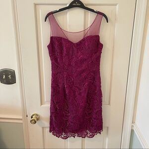 Adrianna Papell Lace Cocktail Dress Wine Floral Sheer Top 4